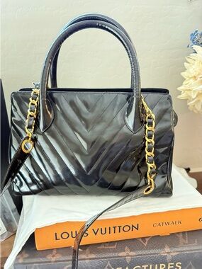 Chanel Chevron 2way Tote Black Patent Leather with 24k gold plated